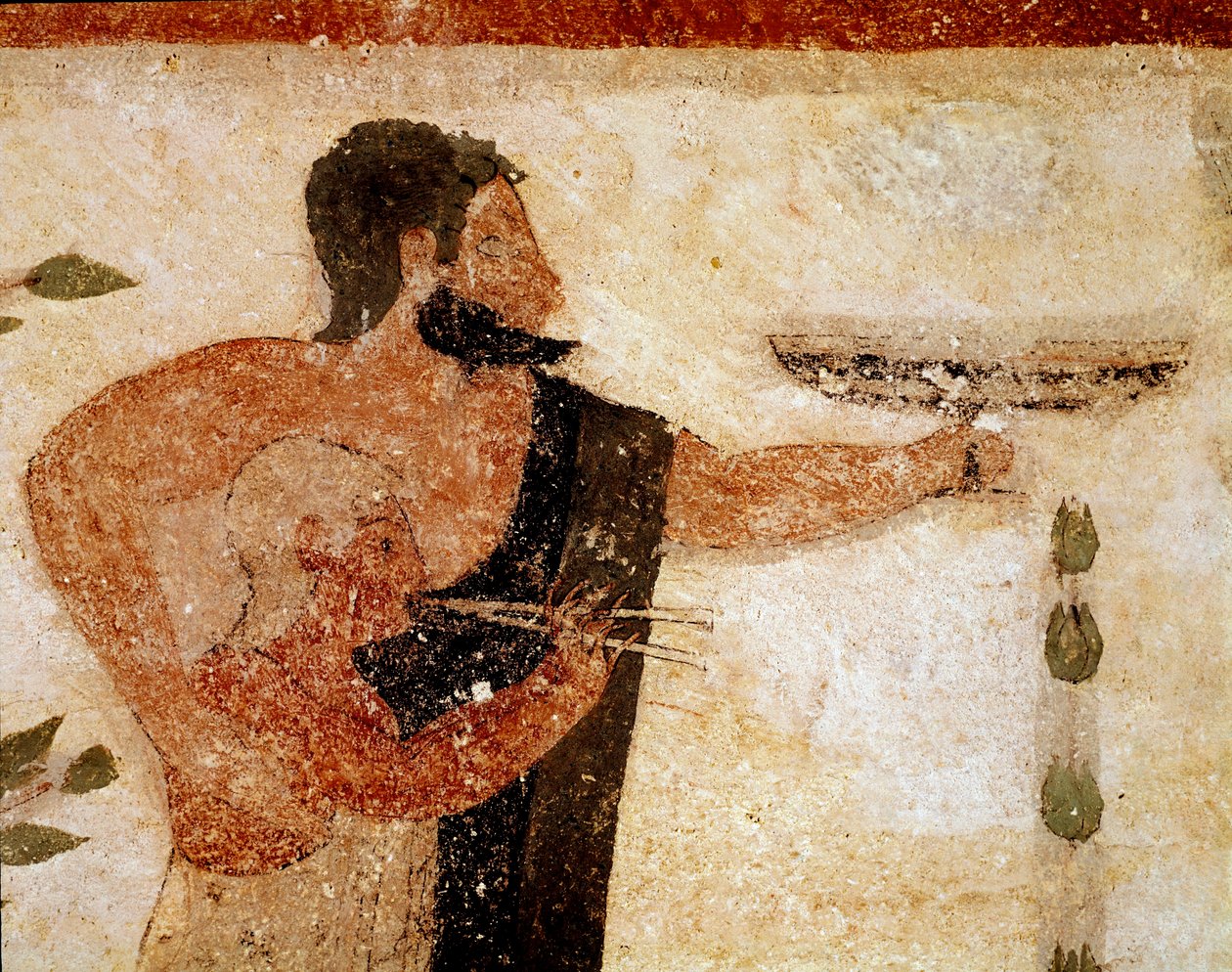 Vousatý muž předkládající pohár, v jeho blízkosti hudebník (Detail fresky, 530 př.nl) od Etruscan