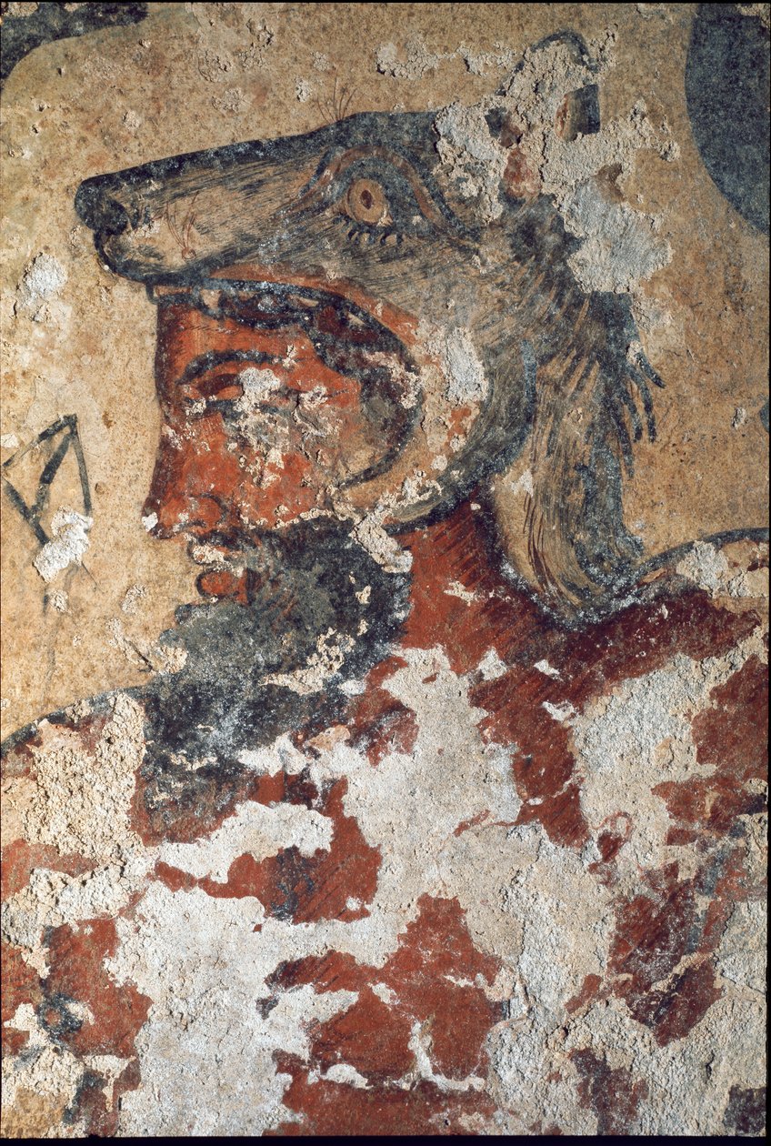Aita (Eiza), etruský bůh posmrtného života, nosící vlčí čepici (detail fresky, 4. př. n. l.) od Etruscan