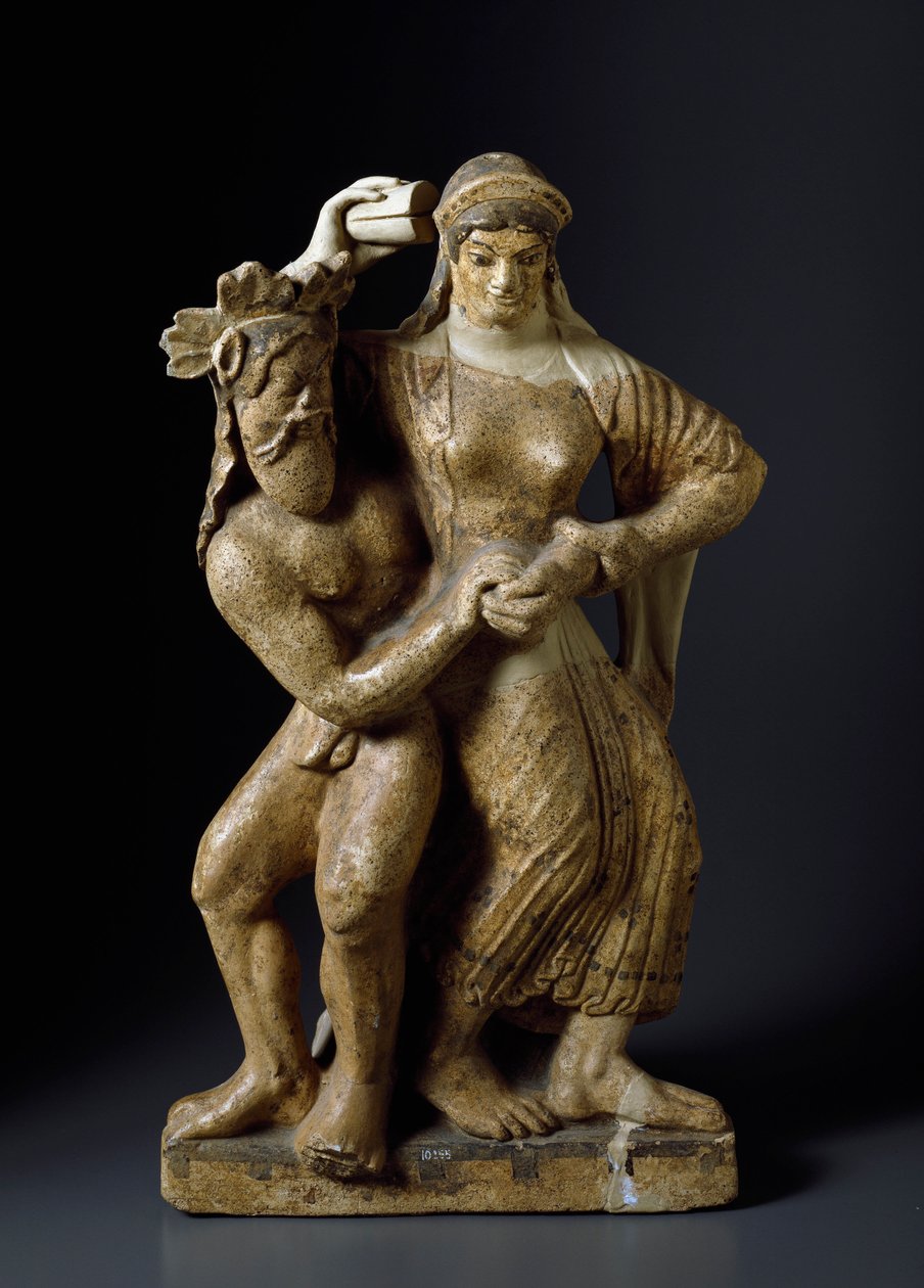 Starobylý etrus: „“Satyra a tančící menáda““ Terakotová socha z chrámu Mater matuta a Satricum. 480 před naším letopočtem. Ztlumit. 59 cm Řím, Museo Nazionale di Villa Giulia od Etruscan