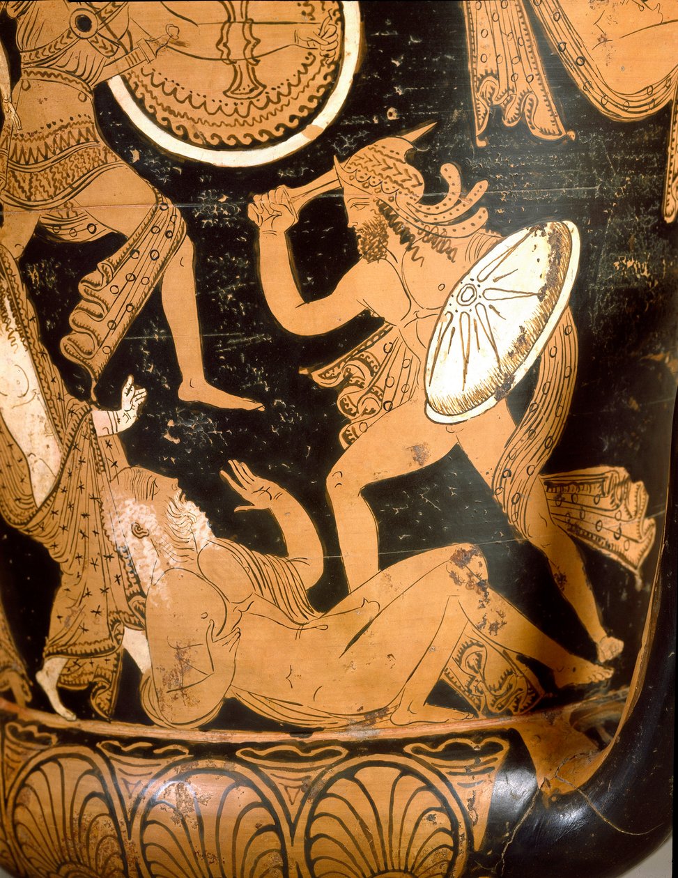 Starověký etrus: zvonový kráter představující zničení Tróje: detail představující Priama zabitého Neoptoleme. Z Falerii Veteres (Civita Castellana). 350-300 před naším letopočtem. Řím, Národní muzeum Villa Giulia od Etruscan