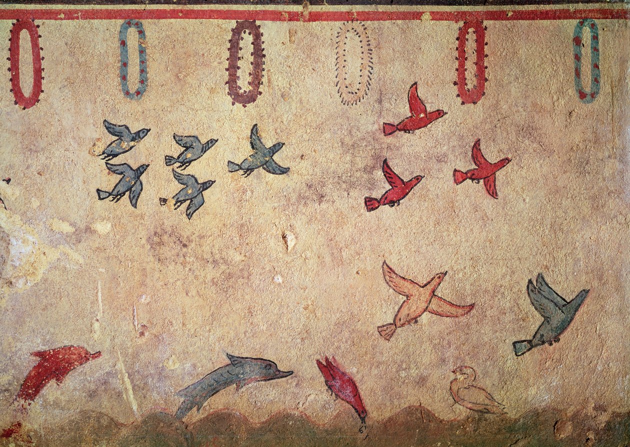 Vodní ptáci a skákající delfíni z Hrobky lovu a rybolovu, cca 520-10 př. n. l. (nástěnná malba) od Etruscan
