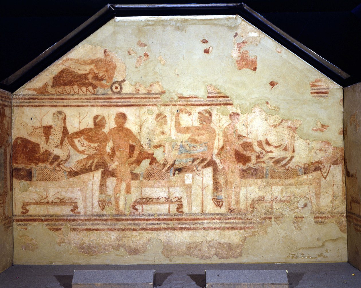 Banketová scéna. Freska na stěně etruské hrobky s názvem „hrobka lodi““ (della nave). Tarquinia 470-400 před naším letopočtem od Etruscan