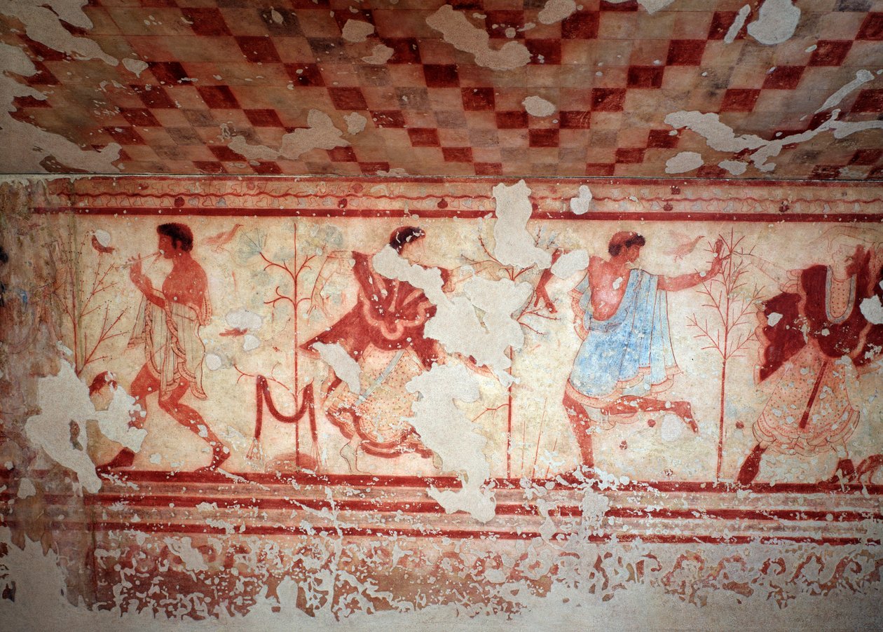 Tanečníci a hudebníci během banketu. Fresky z Tomba del triclinium, 5. století před naším letopočtem od Etruscan