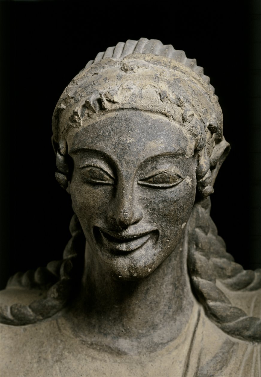 ETRUSCAN ART: Apollón (detail). cca 510-490 př. n. l. Z Veia, svatyně v..., cca 510-490 př. n. l. (terakota) od Etruscan