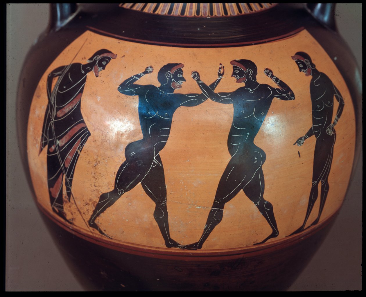 Etruská civilizace: Terakotová amfora decoree d"une scene de pugilat, detail 550-500 př.nl Z hrobky válečníka ve Vulci, Itálie od Etruscan