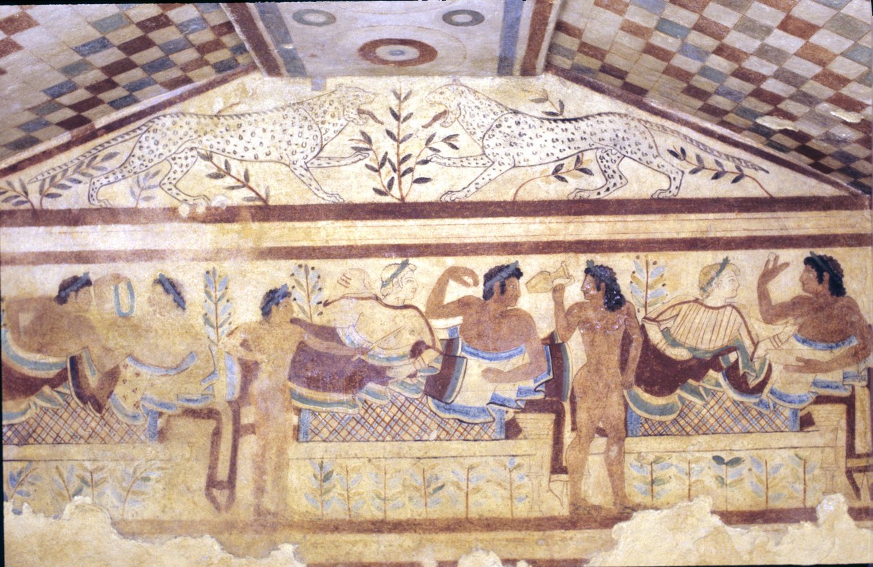 Etruská hrobka leopardů, freska zobrazující banketní scénu, Tarquinia. 5. století př. n. l., Itálie (freska) od Etruscan