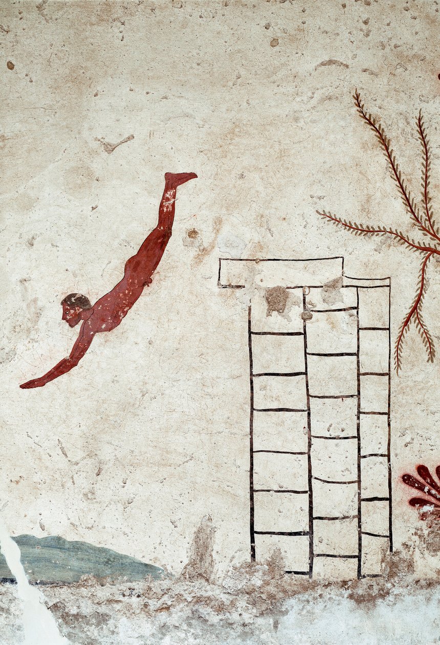 Etruské umění: Mladý plavec potápějící se. Freska hrobu „potápěče“. Detail. Z jižního hřbitova Paestum. 480-470 před naším letopočtem. Museo Archeologico Nazionale, Paestum od Etruscan