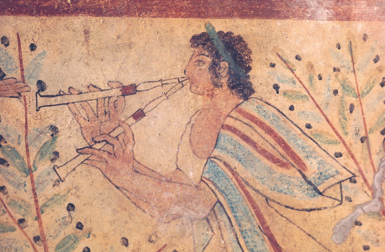 Etruskien taide: huilunsoittaja. Yksityiskohta freskosta Leopardien haudalla Monterozzin hautausmaassa, Italiassa, 5. vuosisadalla eKr. (fresko) od Etruscan