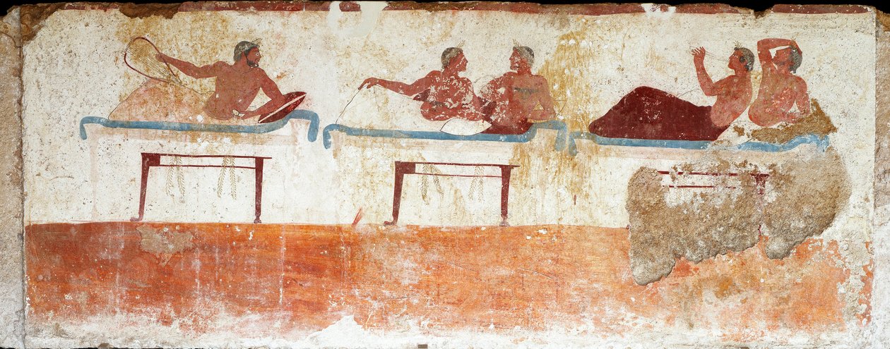 Etruské umění: banketová scéna. Freska hrobu „potápěče“. Z jižního hřbitova Paestum. 480-470 před naším letopočtem. Museo Archeologico Nazionale, Paestum od Etruscan