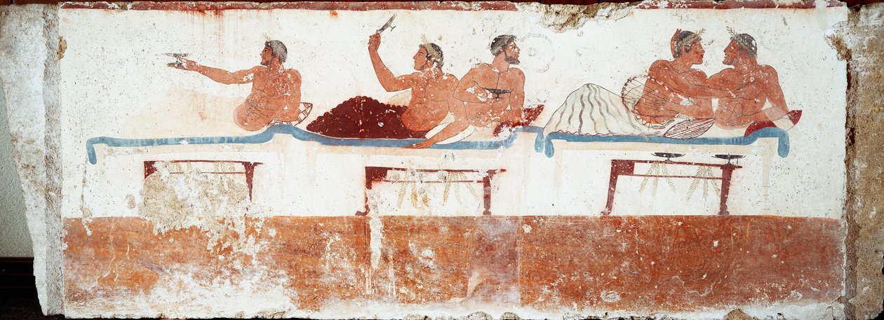 Etruské umění: banketová scéna. Freska hrobu „potápěče“. Z jižního hřbitova Paestum. 480-470 před naším letopočtem. Museo Archeologico Nazionale, Paestum od Etruscan