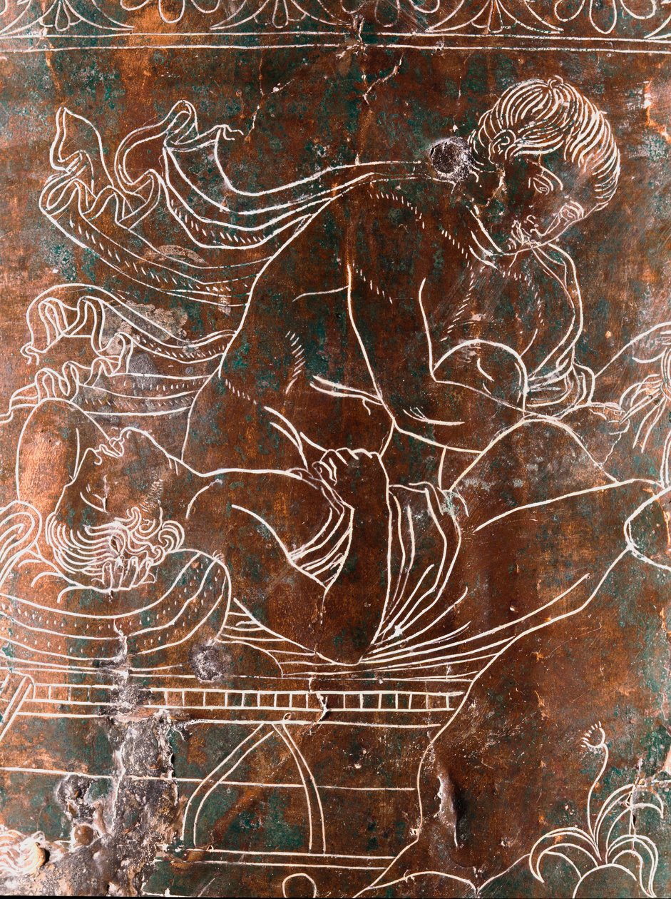 Etruské umění: detail bronzového Ficoroni Cistus představujícího legendu o Argonautech: loď Argos. Z Preneste (Palestrina). 340 před naším letopočtem. Museo Nazionale di Villa Giulia, Řím od Etruscan