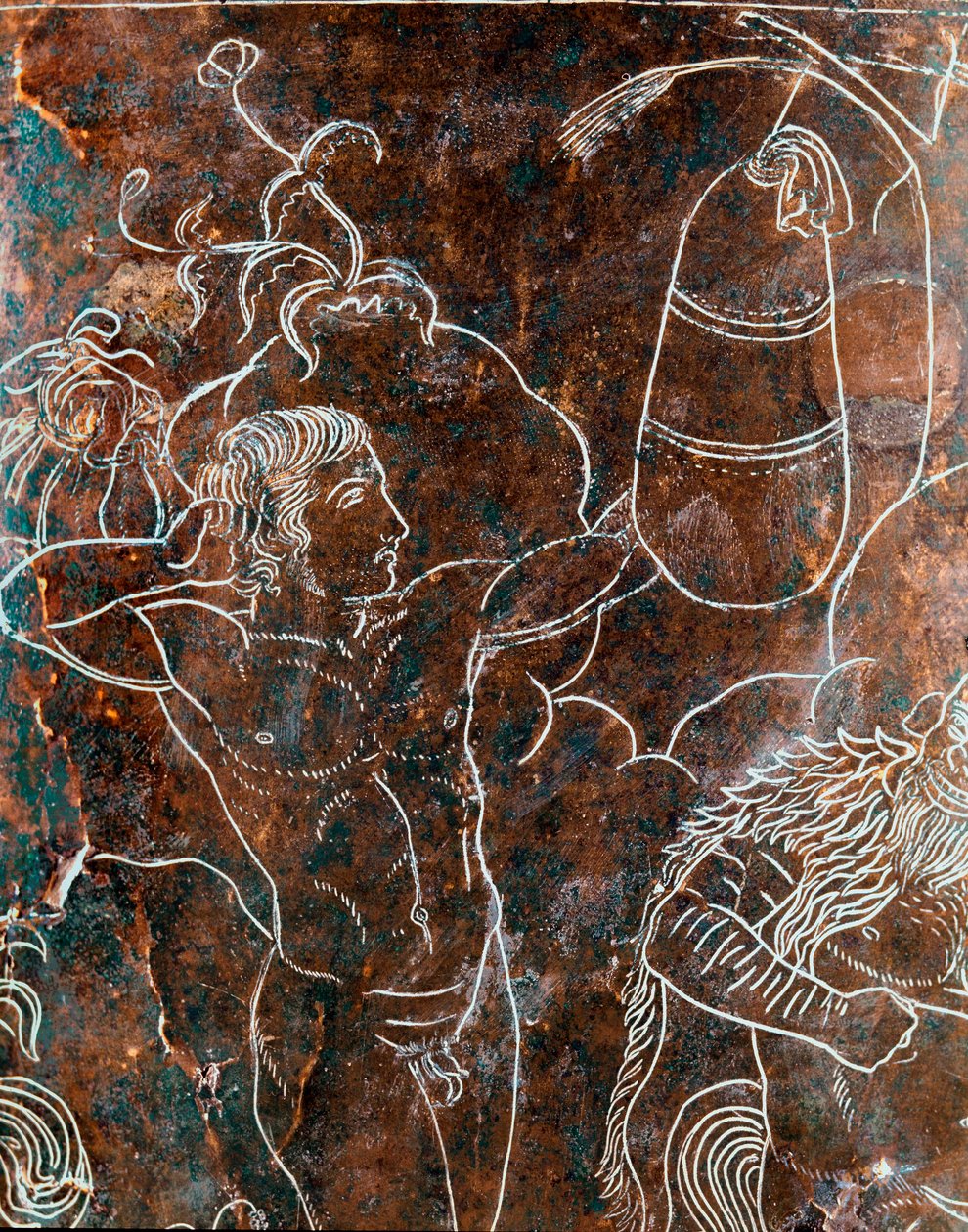 Etruské umění: detail bronzového Ficoroni Cistus představujícího legendu o Argonautech: Argonaut trénující v pugilate. Z Preneste (Palestrina). 340 před naším letopočtem. Národní muzeum Villa Giulia, Řím od Etruscan