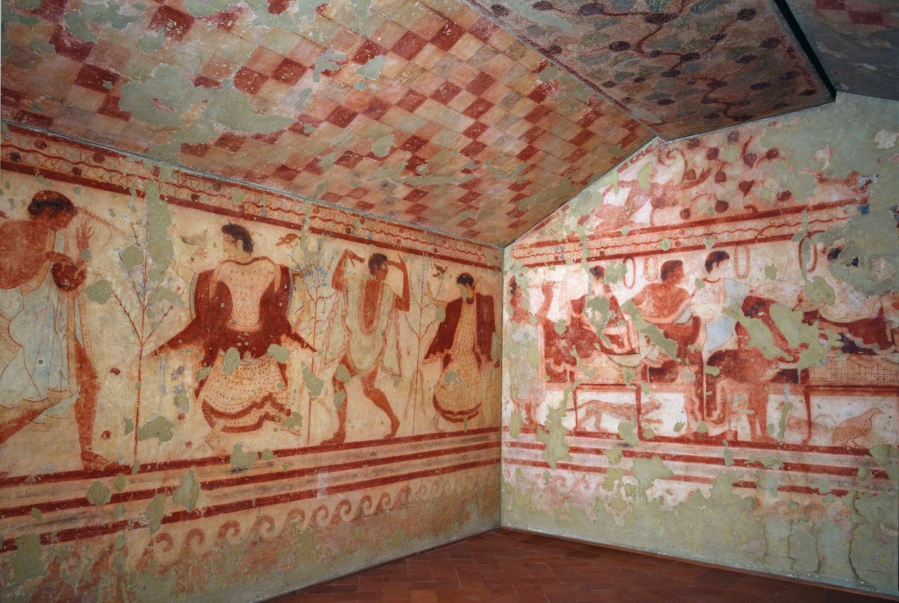 Etruské umění: fresky zobrazující banketové výjevy. Hrobka Triklinia. 5. století před naším letopočtem. Národní archeologické muzeum Tarquinie Itálie od Etruscan