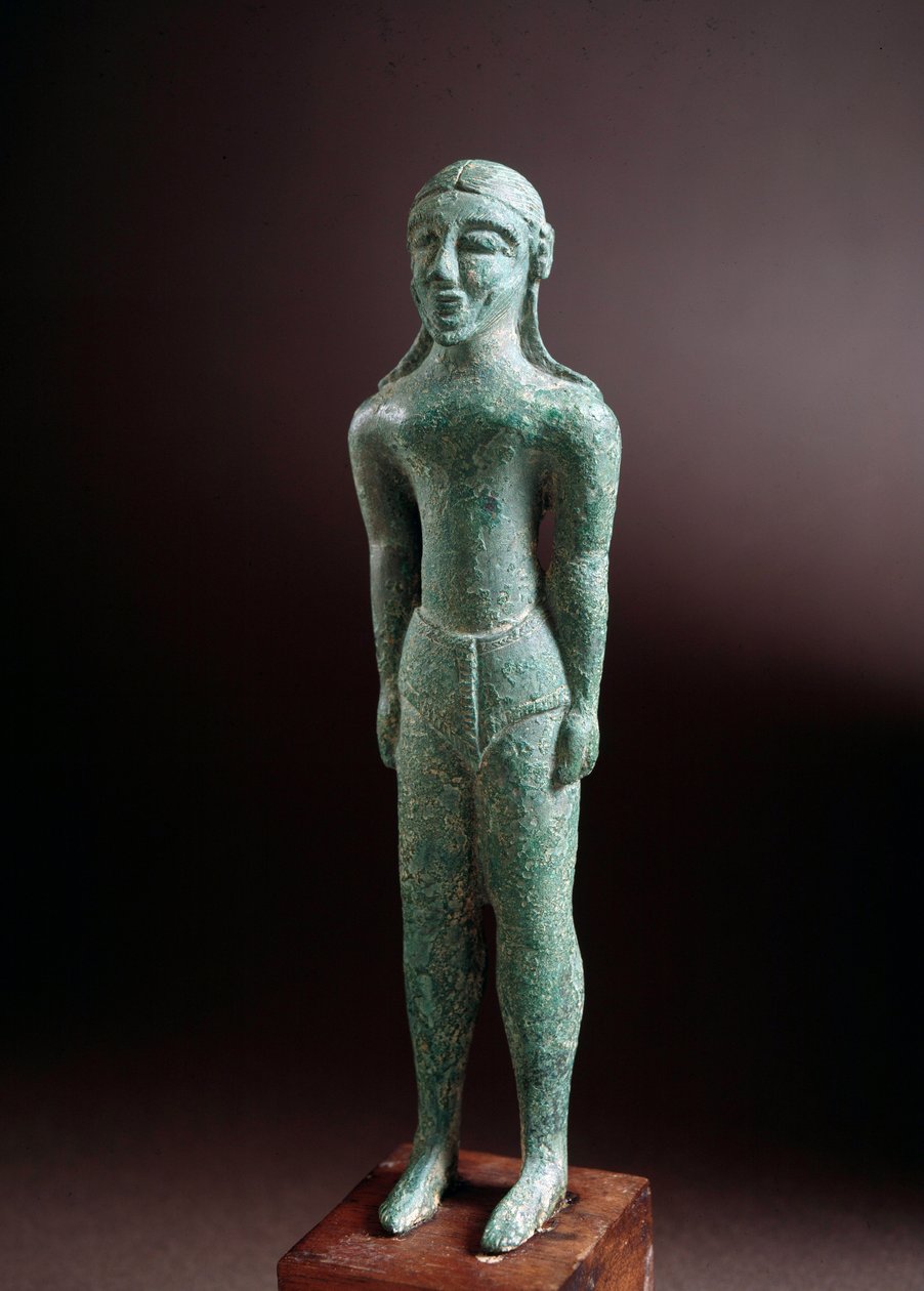 Etruská civilizace: bronzová socha „kouros“ z Castello u Florencie, Itálie, 550 př. n. l., rozměr 15 cm od Etruscan