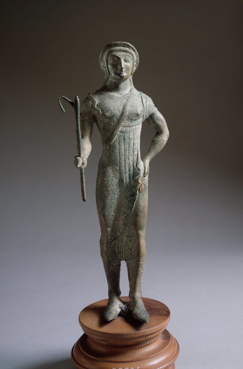 Etruská civilizace: bronzová socha „postava nabízejícího“, 480 př. n. l., Dim 27 cm z Isola di Fano, Itálie od Etruscan
