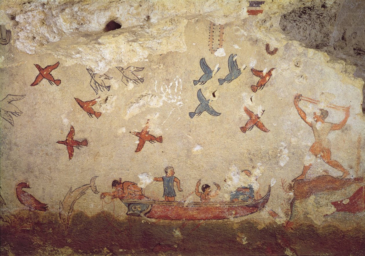 Rybáři na lodi a letící ptáci, z hrobky Rybářství a lovectví, asi 520-510 př. n. l. (nástěnná malba) od Etruscan