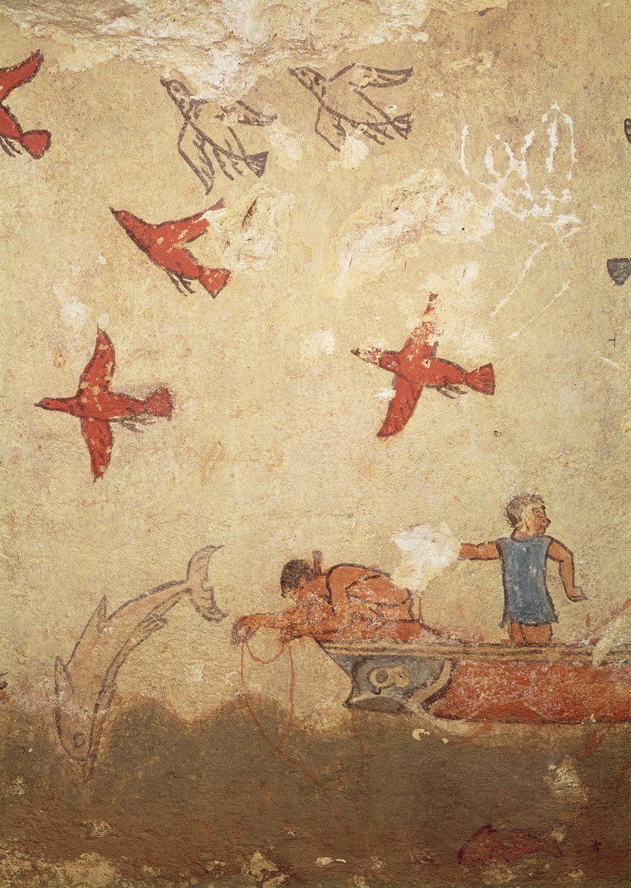 Rybářská loď, z Hrobky lovu a rybolovu, cca 520-10 př.nl (nástěnná malba) od Etruscan