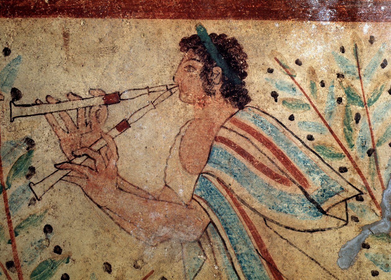 Flétnista. Detail fresky Hrobka leopardů, 5. století před naším letopočtem od Etruscan