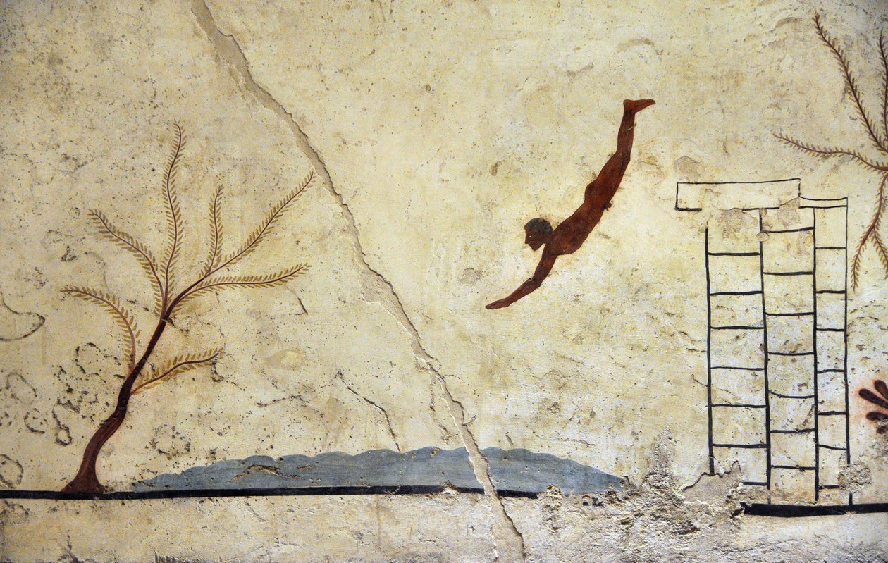 Řecké umění: Mladý plavec při potápění. Freska hrobu "potápěče", Paestum od Etruscan