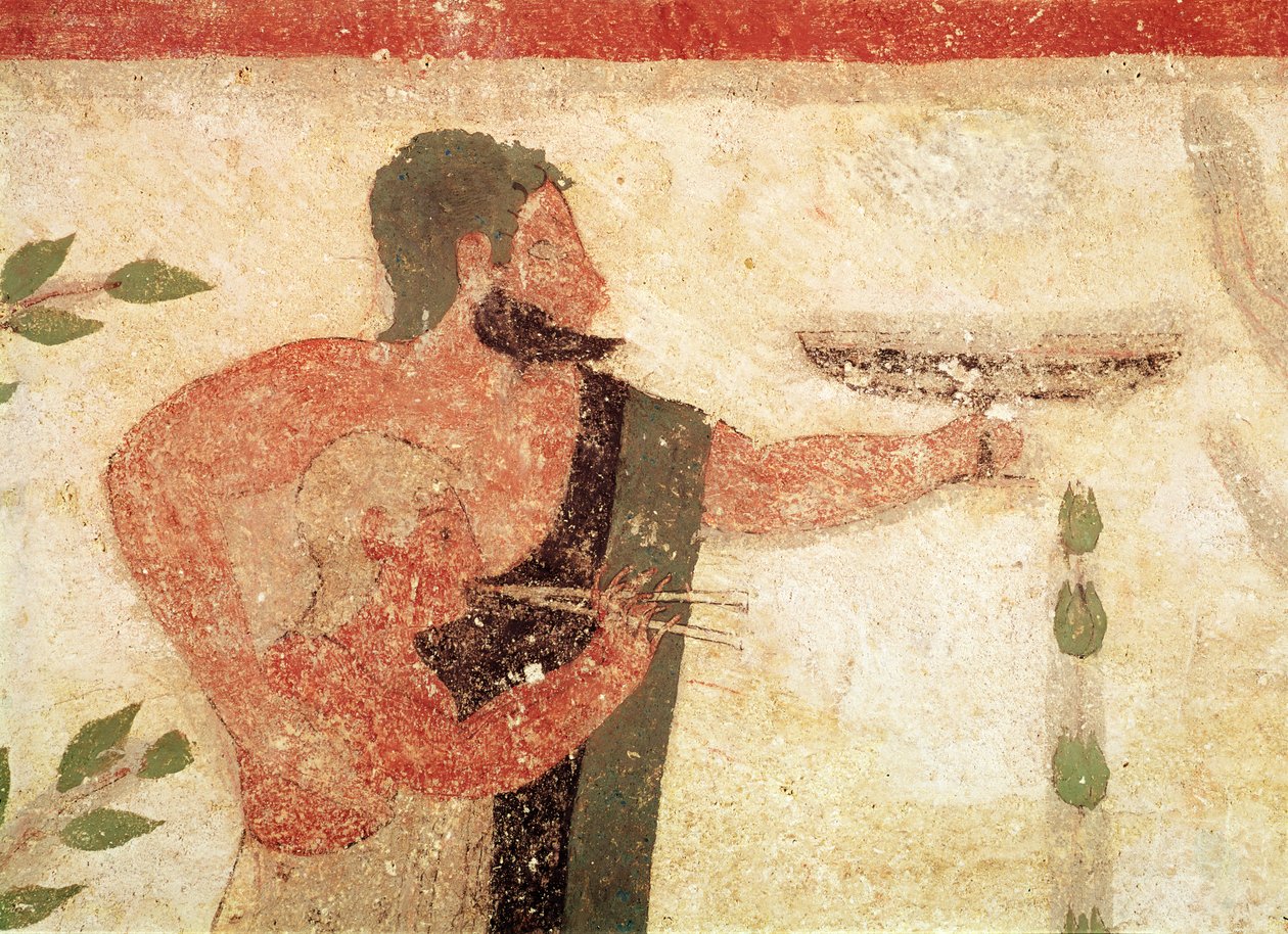 Hlava muže a dítěte hrajícího na dvojitou flétnu, z Baronovy hrobky, asi 500 př. n. l. detail nástěnné malby 407470 od Etruscan