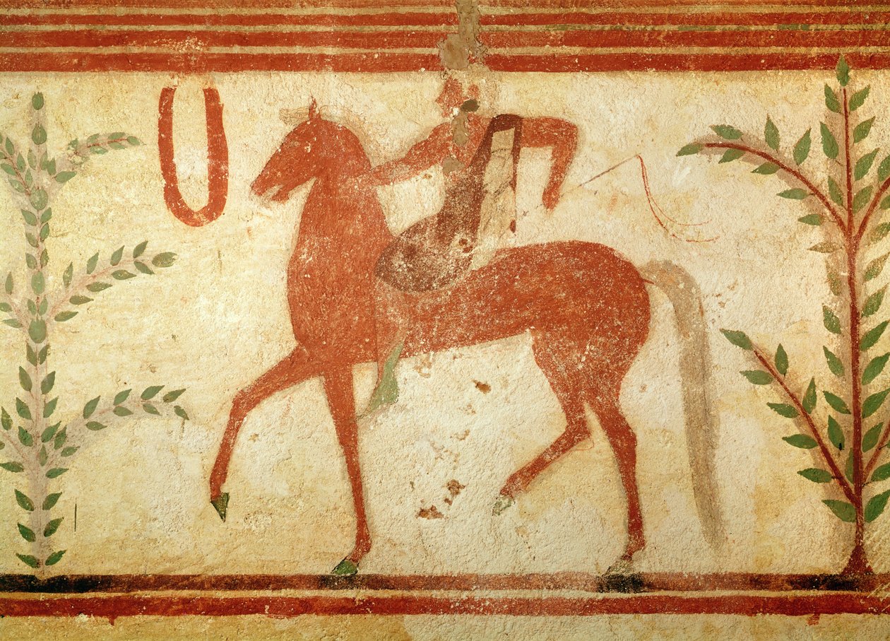 Jezdec, pravá strana, z Baronovy hrobky, cca 500 př. n. l. (nástěnná malba) od Etruscan