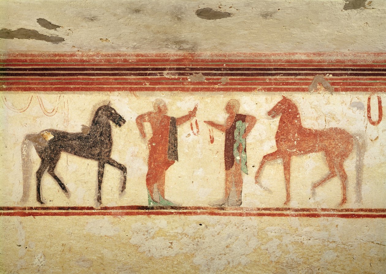 Koně a jezdci držící otěže z Baronovy hrobky, cca 500 př. n. l. (nástěnná malba) od Etruscan