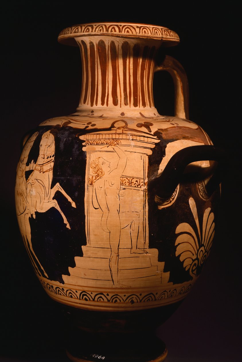 Hydria od malíře Biga Vaticana (vatikánský vůz), zobrazující detail edikuly s malířem při práci. Červenofigurová keramika. Etruská civilizace, 4. století před naším letopočtem. od Etruscan