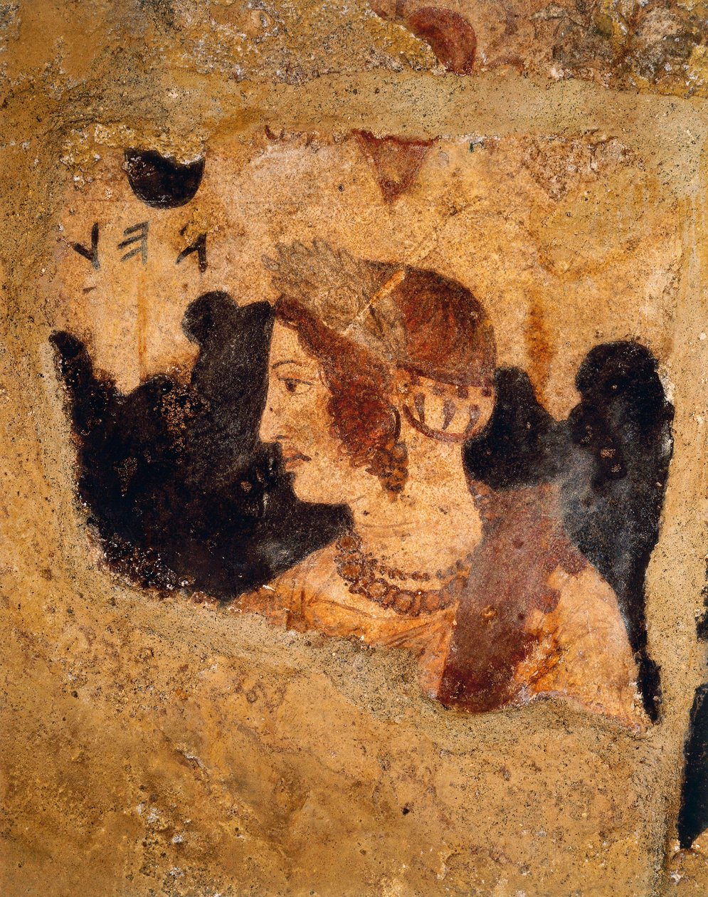Itálie, oblast Latium, Tarquinia (provincie Viterbo), etruská nekropole, Orcusova hrobka, detail banketové scény s portrétem ženy známé jako Velia Velcha (Velia Spurinas), manželka Arntha Velchy, freska od Etruscan