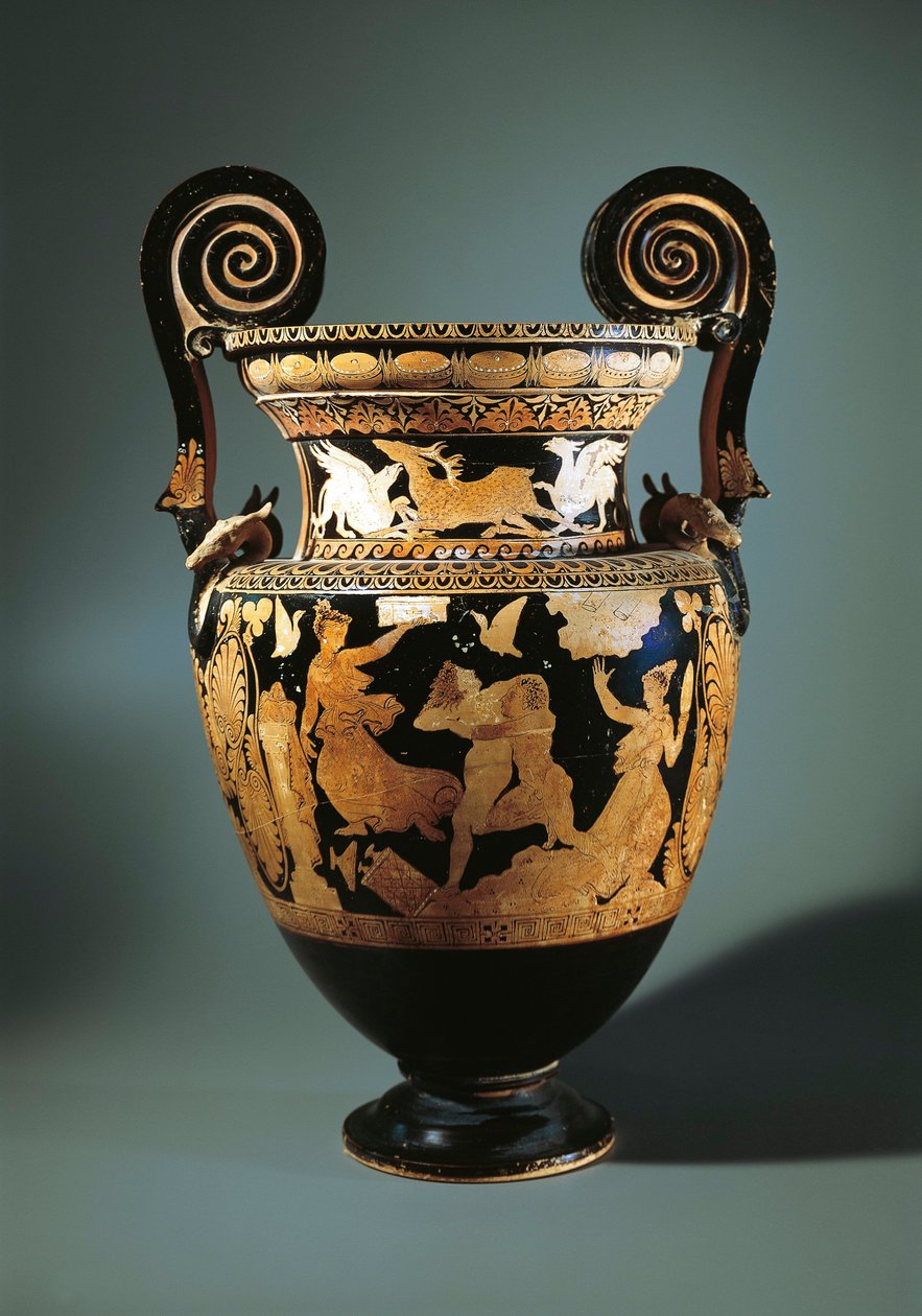 Itálie, Lazio, Civita Castellana, volutový krater s červenou postavou (váza používaná na míchání vína a vody) zobrazující Pelea unášejícího Thetis, maloval Aurora Painter, 360/340 př.n.l. od Etruscan