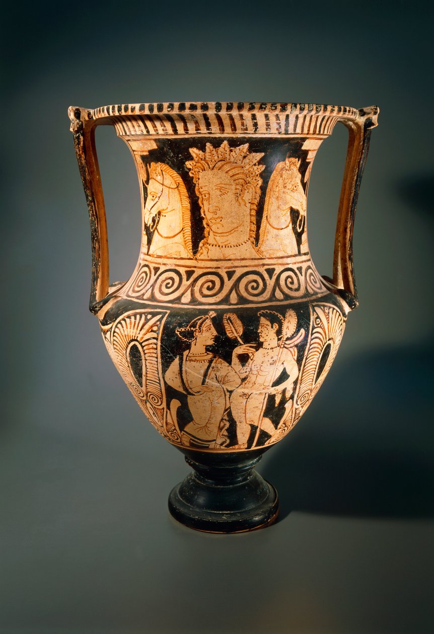 Kelebe nebo sloupový krater, od Asciano Painter, zobrazující mladou dívku přijímající flabellum (ventilátor). Červenofigurová keramika z hrobky 3 v Poggio Pinci, Asciano (Toskánsko). Etruská civilizace, 4. století před naším letopočtem. od Etruscan