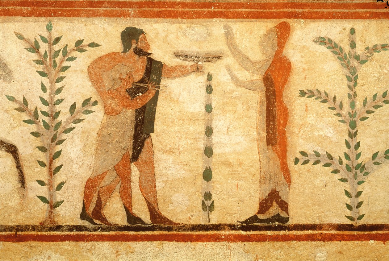 Muž a dítě před mrtvým Heroisee, z Baronovy hrobky, cca 500 př. n. l. (nástěnná malba) (podrobnosti viz 407469) od Etruscan