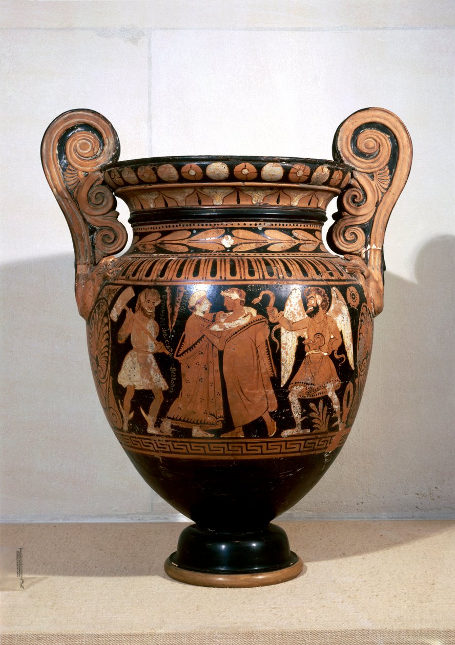 Keramika s červenou figurou, Volutový krater zobrazující Alcestis objímající A.D.metuse a nápisy jmen, Alcestis Painter od Etruscan