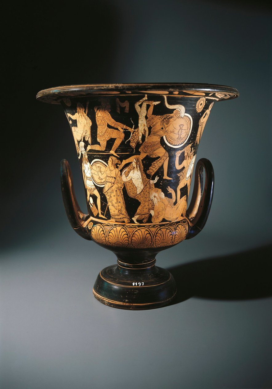 Keramika s červenými postavami, kalichový krater zobrazující Neoptolema, Astyanaxe, Helenu Trójskou a Priama na zemi, od Nazzano Painter, z Civita Castellana od Etruscan
