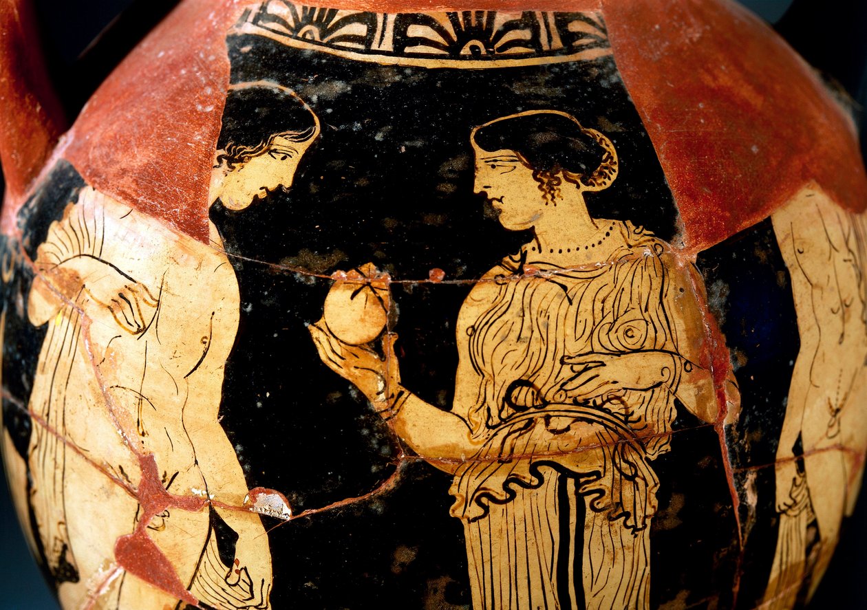 Keramika s červenými figurkami, pelike zobrazující mladou dívku nabízející granátové jablko, restauroval Sommavilla Painter od Etruscan