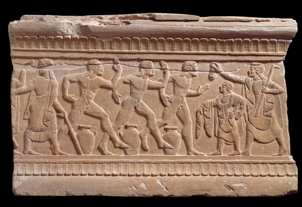 Reliéf se závodem atletů z mramorového milníku v Chiusi, Itálie, 6. století před naším letopočtem od Etruscan