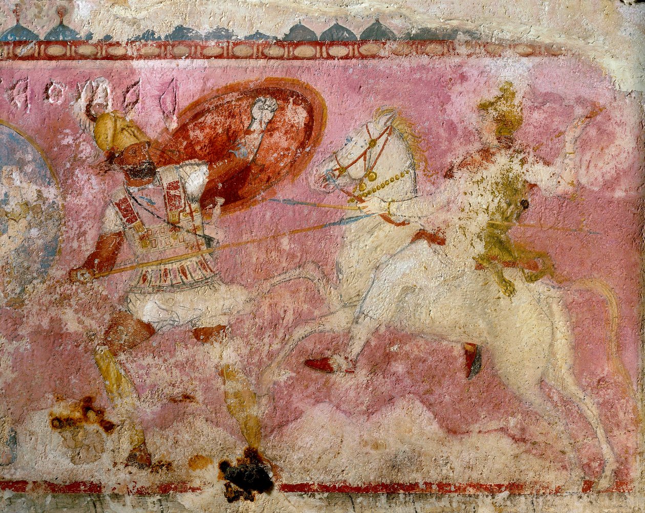 Sarkofág Amazonek s malovaným výjevem bitvy, bílý vápenec, z Tarquinie, oblast Latium, Itálie, detail od Etruscan