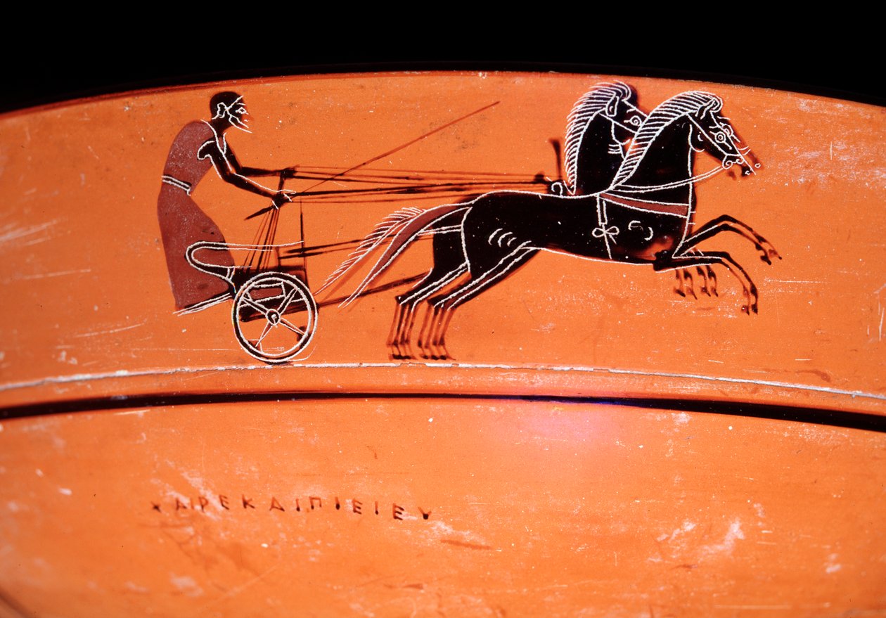 Detail terakotové vázy představující vůz tažený dvěma koňmi, 4. století před naším letopočtem od Etruscan