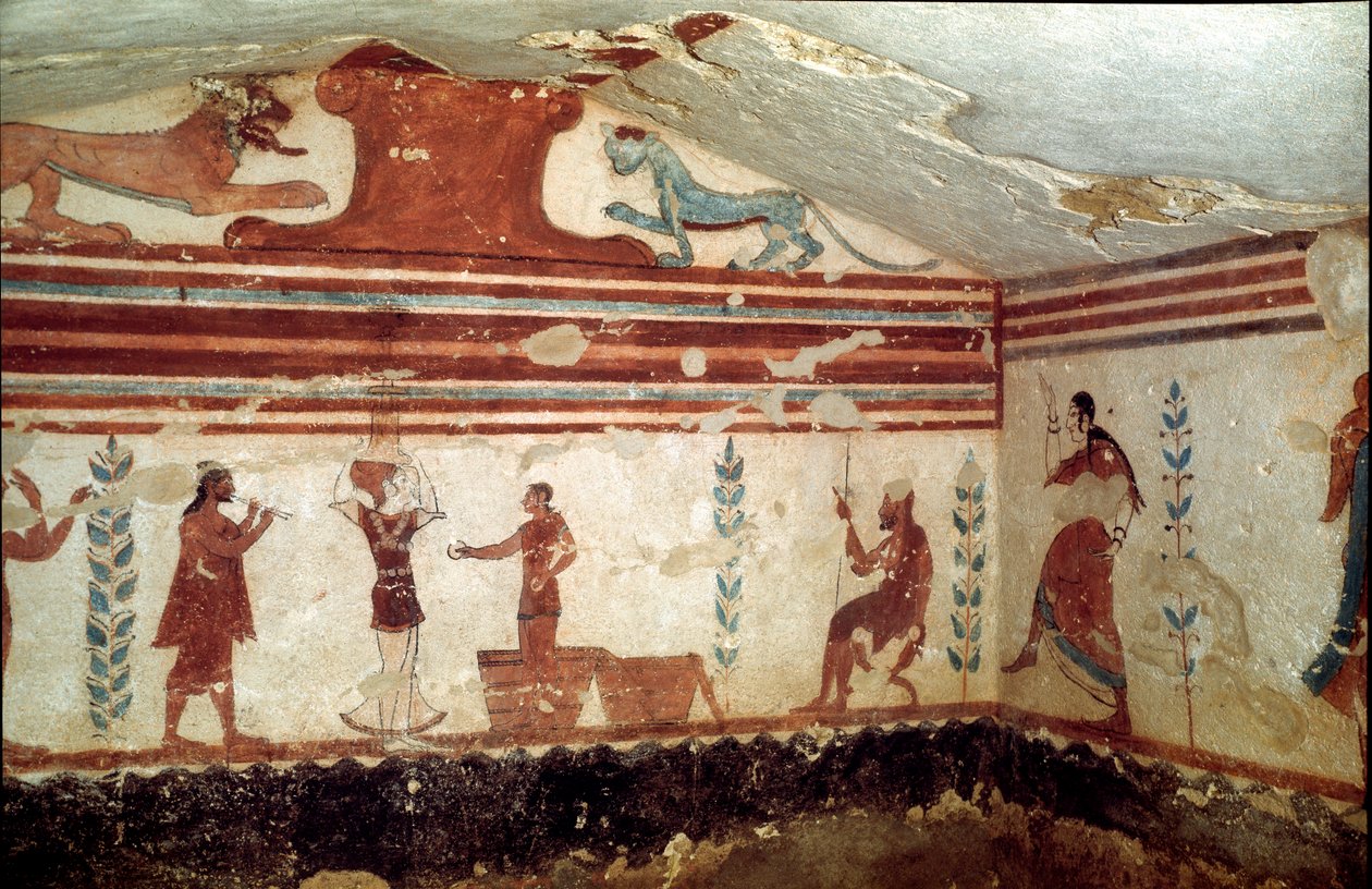 Zesnulý sedící na stoličce navštěvuje show s kejklíři a tanečníky (Fresco, detail, 530 př.nl) od Etruscan