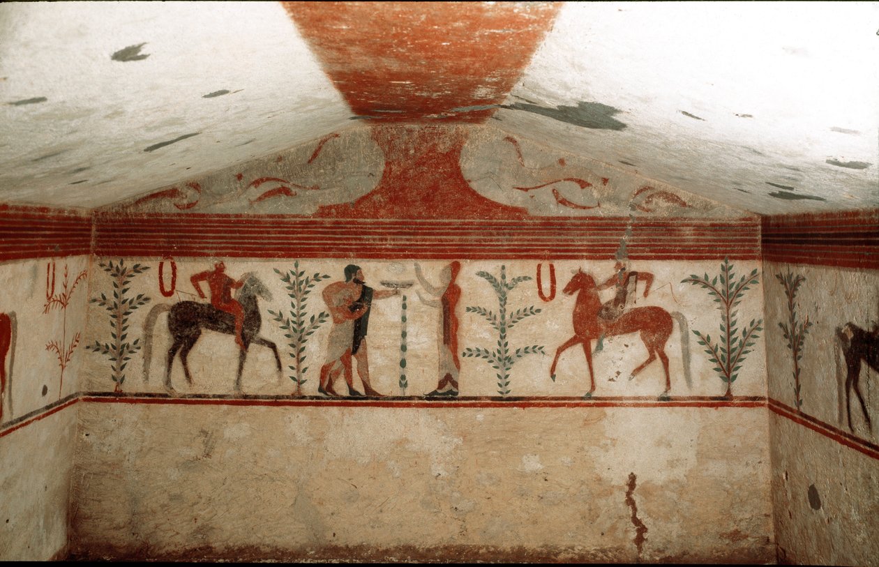 Dva jezdci, žena a vousatý muž představují pohár (Detail fresky, 530 př.nl) od Etruscan