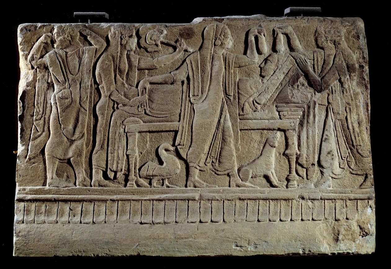 Etrusque Antiquite: Plaketa pohřebního cippe. Výstava zesnulé na jejím pohřebním lůžku. Paříž, Musee du Louvre od Etruscan Etruscan