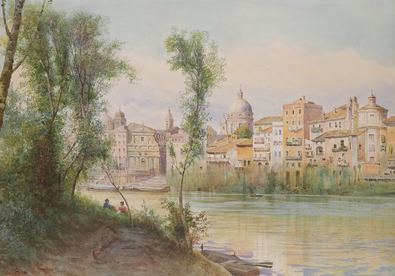 Pohled na Porto di Ripetta dai Prati, Řím (wc na papíře zvýrazněné bílou) od Ettore Roesler Franz