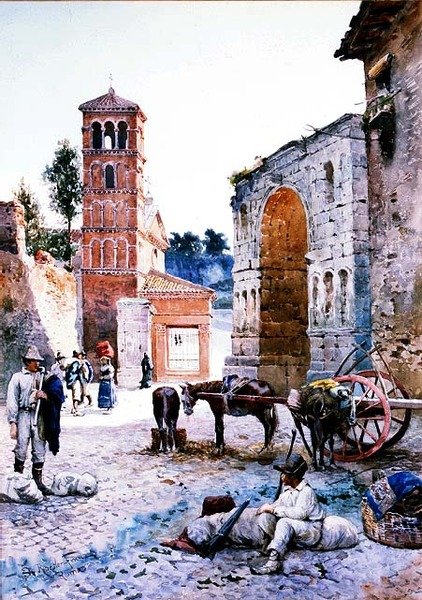 Postavy na římském náměstí u oblouku (akvarel) od Ettore Roesler Franz