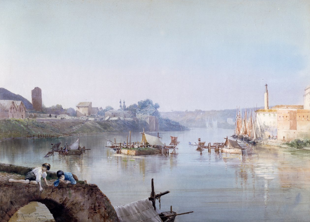Rybáři v Ripa Grande, Ettore Roesler Franz (1845-1907), akvarel. od Ettore Roesler Franz