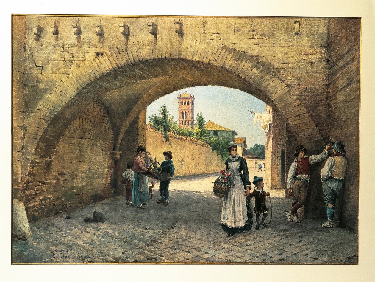 Itálie, Řím, oblouk Tolomei od Ettore Roesler Franz, akvarel od Ettore Roesler Franz