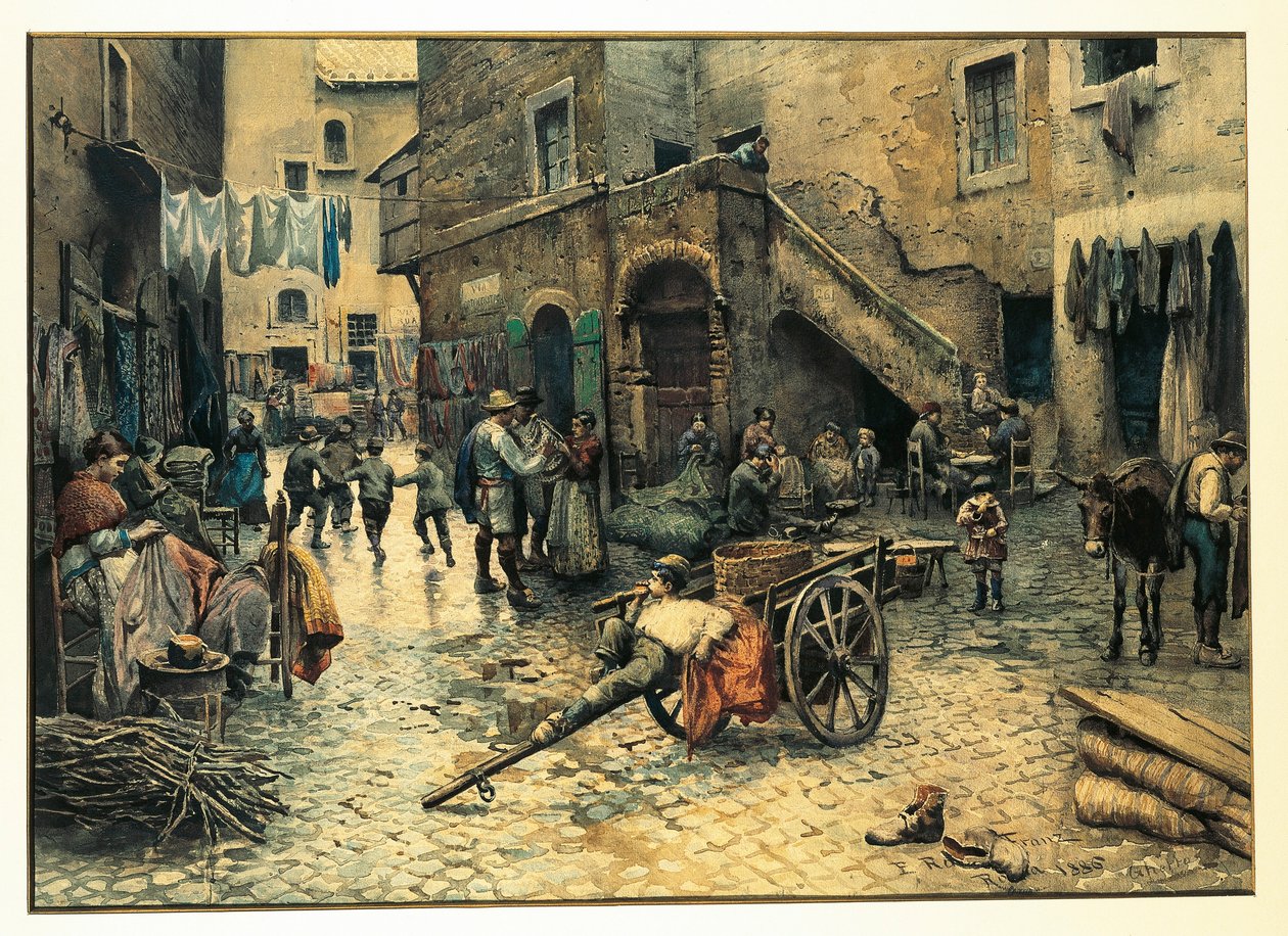 Itálie, Řím, Pouliční život na Via Capocciuto v (židovském) ghettu v Římě Ettore Roesler Franz, akvarel od Ettore Roesler Franz