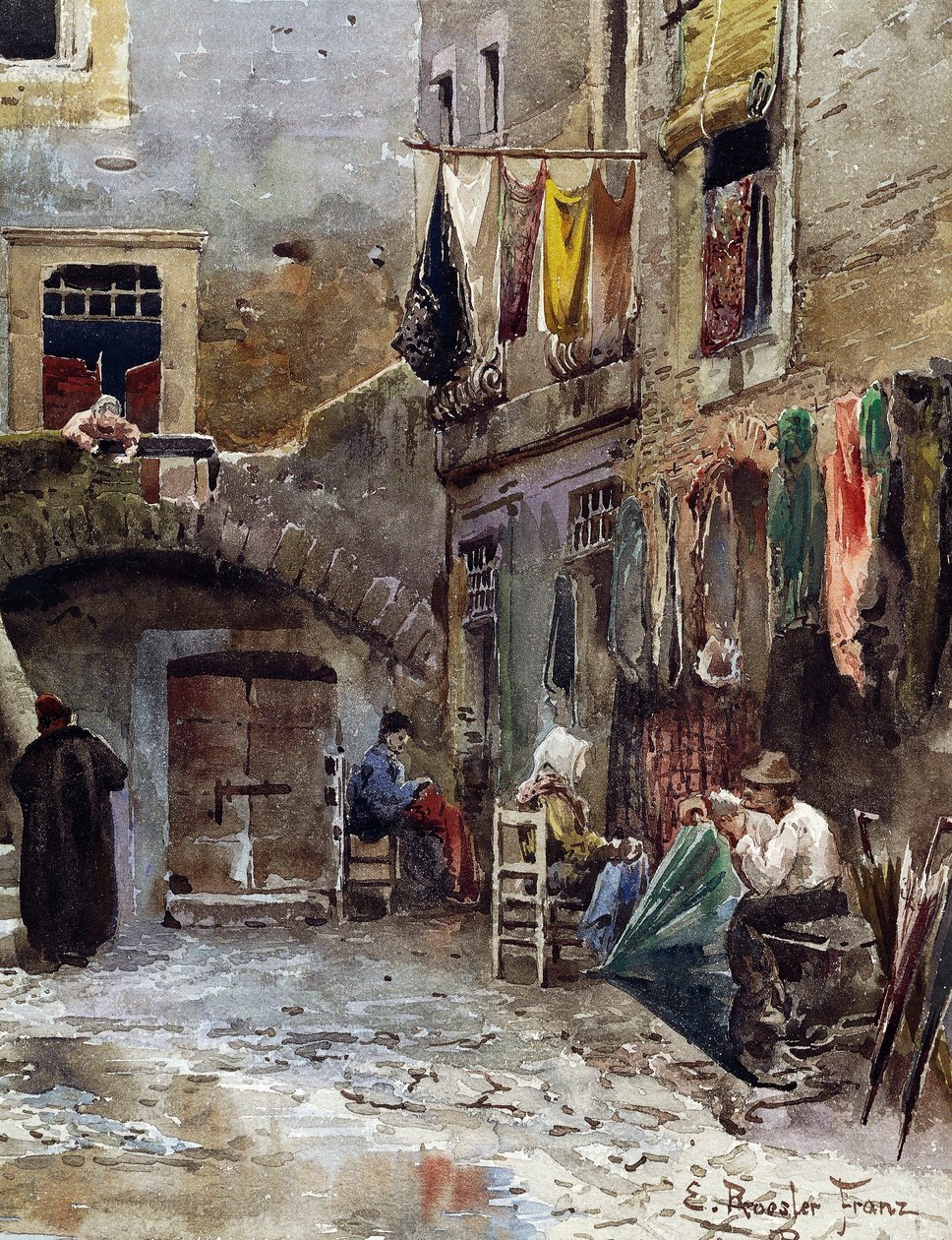 Středověké pozůstatky v ghettu v Římě, Ettore Roesler Franz (1845-1907), akvarel ze série Zmizelý Řím, Detail, Itálie od Ettore Roesler Franz
