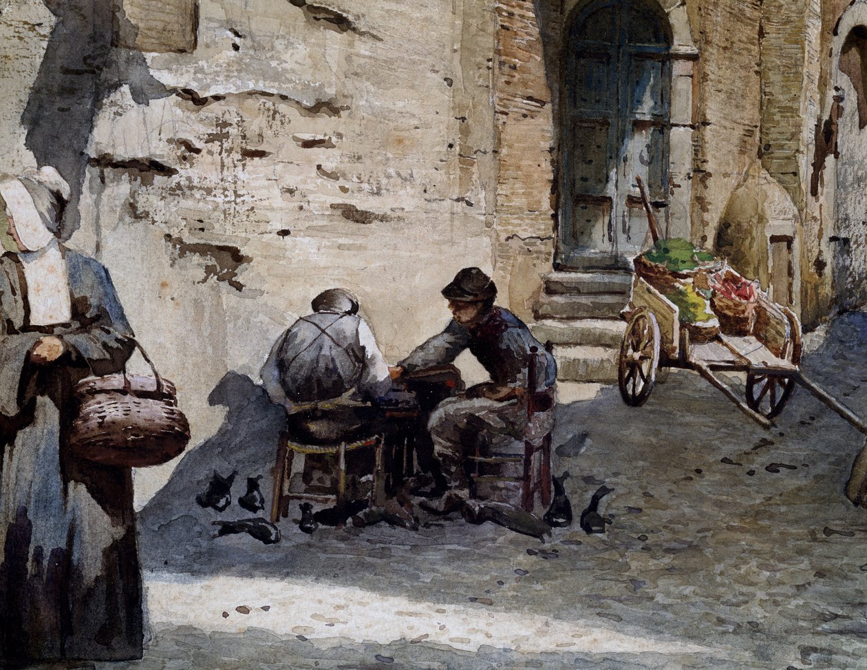 Staré středověké domy na Lungaretě od Ettore Roesler Franze (1845-1907), akvarel ze série Zmizelý Řím, Detail, Itálie od Ettore Roesler Franz