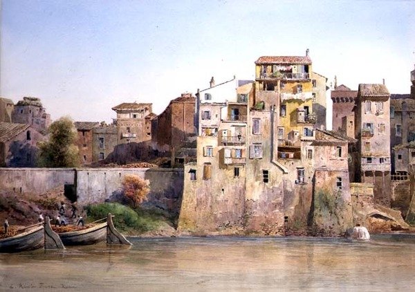 Pohled na Tevere a Monte Brianzo, Řím (akvarel na papíře) od Ettore Roesler Franz