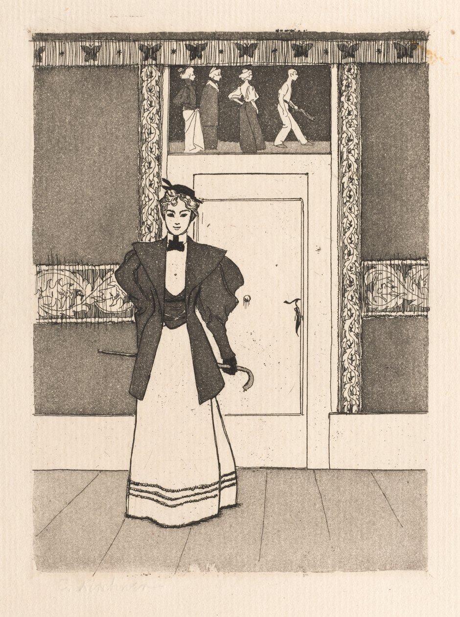 Interiér s mladou ženou v vycházkovém kostýmu, 1895. od Eugen Kirchner