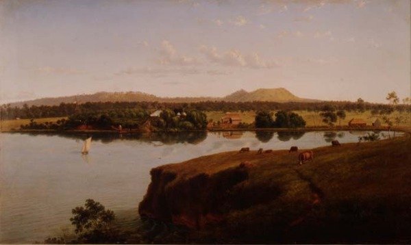 Pohled na stanici Purrumbete při pohledu na severozápad. Mt. Leura a Mt. Sugarloaf v dálce, Austrálie od Eugen von Guerard